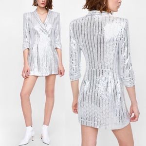 ZARA Basic Metallic Blazer Dress XS Silver